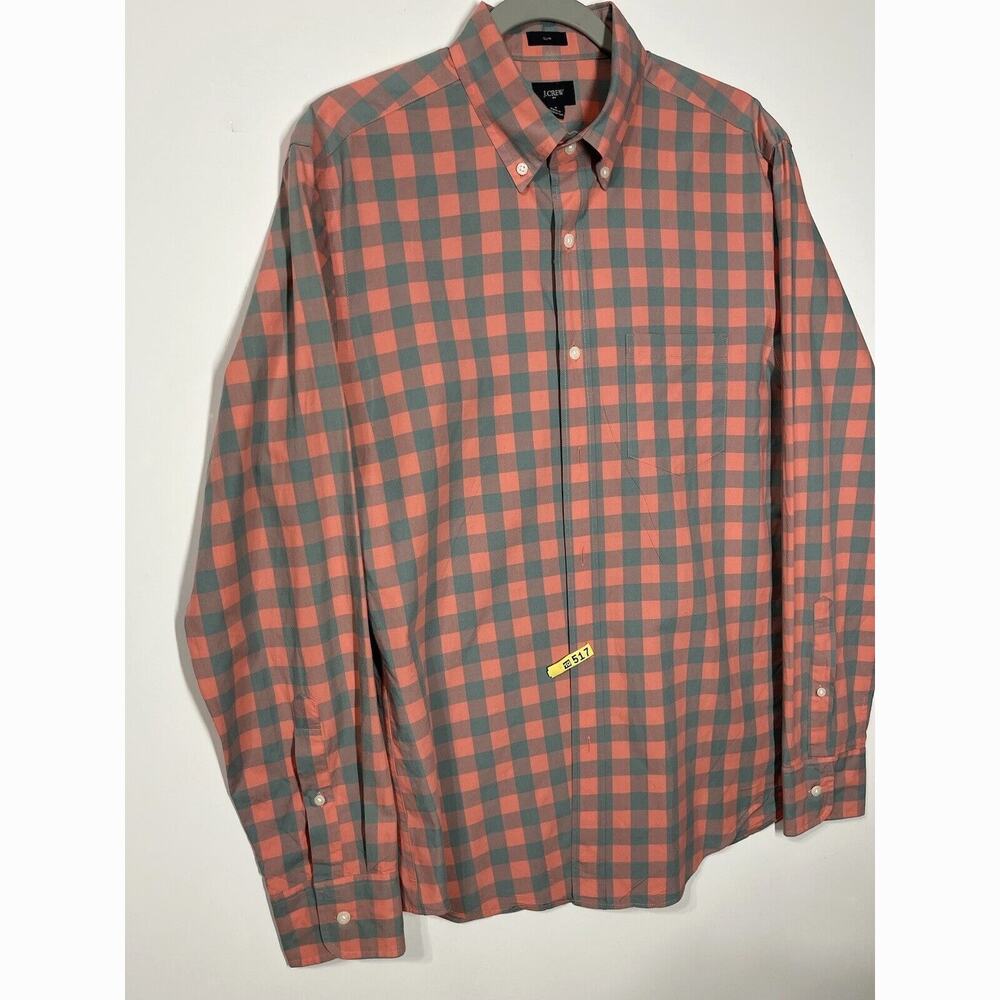 J.Crew Polo Button up Slim Plaid Long Sleeve Red Grey Casual Preppy Mens Medium